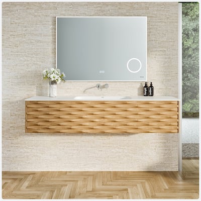 Oahu 55"W Wall Mount Oak Vanity with Solid Surface Integrated Sink