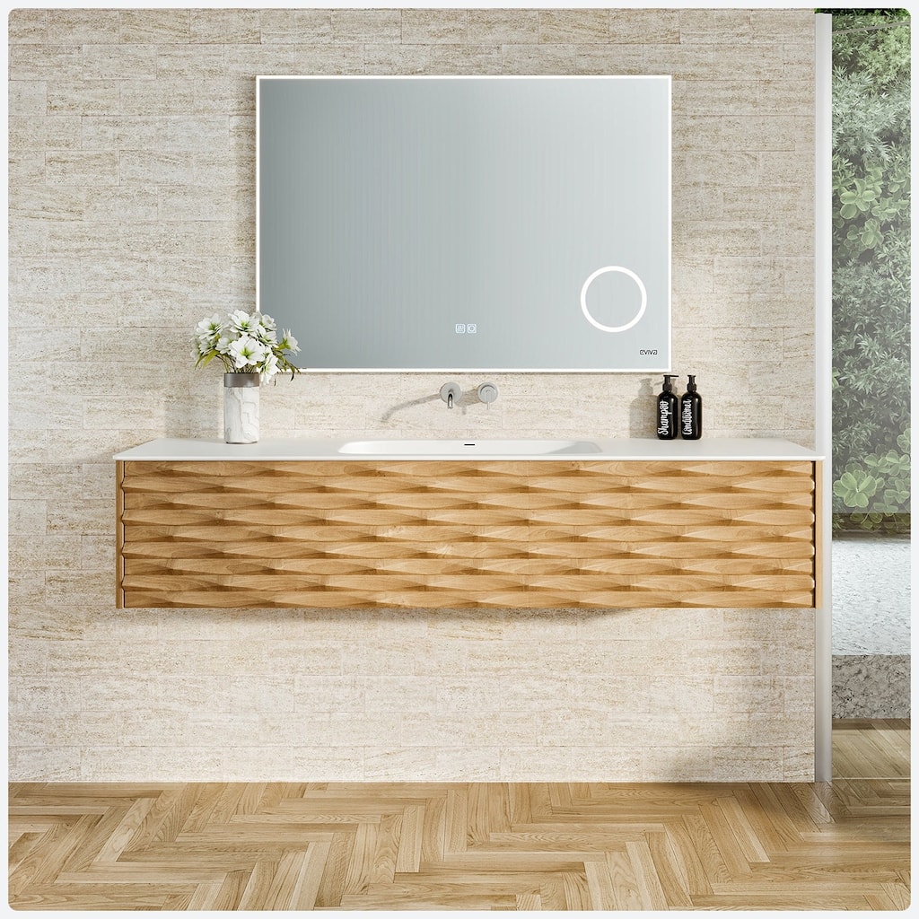 Oahu 55"W Wall Mount Oak Vanity with Solid Surface Integrated Sink