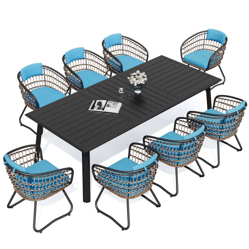 Patio Outdoor Aluminum Dining Table Sets with Umbrella Hole with Rattan Chair