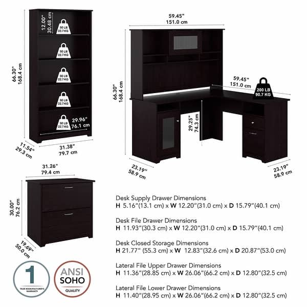 dimension image slide 7 of 12, Cabot 60W L-Desk with Hutch, Cabinet and Bookcase by Bush Furniture