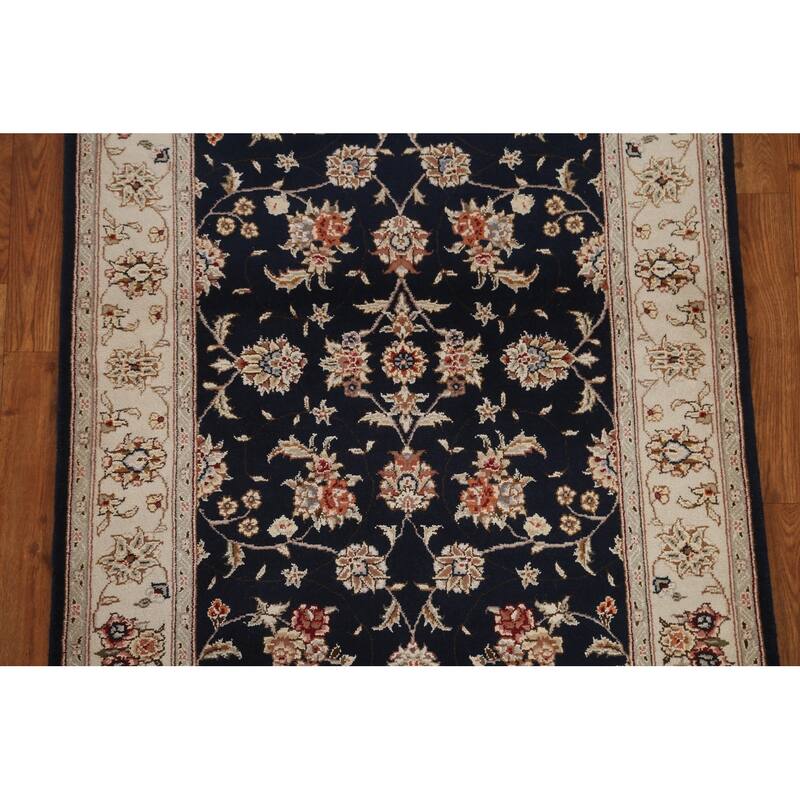 Hand Knotted Oriental Wool & Silk Carpet Traditional Floral Navy Blue & Blues Tabriz Area Rug - 4' 11'' X 3' 1''