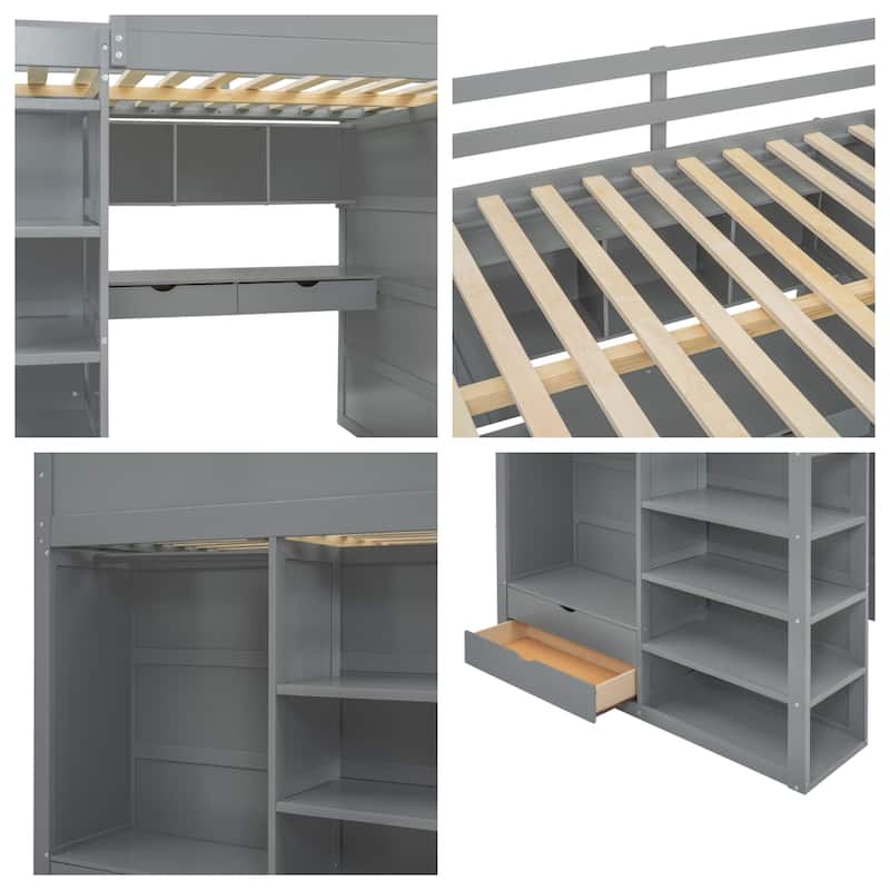 Full Size Wood Loft Bed with Desk, Wardrobes,Drawers and Shelves