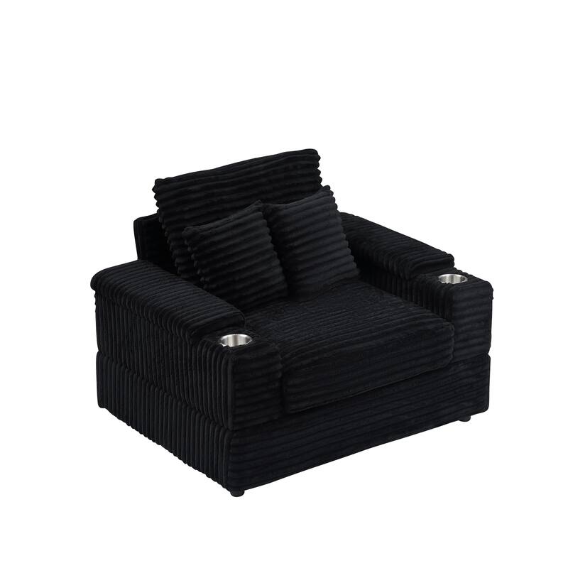 Black Corduroy Single Sofa with Pillows and Ottoman