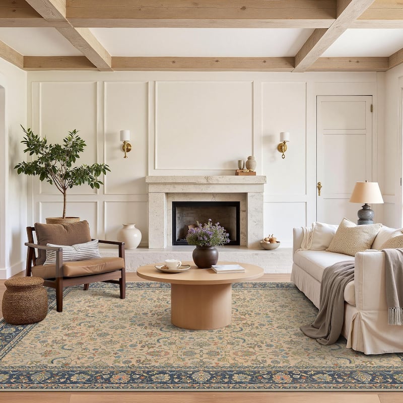 Mcow Vintage Floral Low-Pile Machine-Washable Area Rug