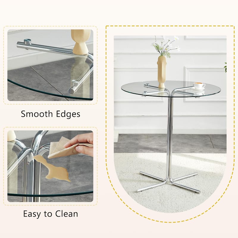 36" Round Glass Bar Table - Tempered Glass Top, Gold Chrome Column Base, Space-Saving Design