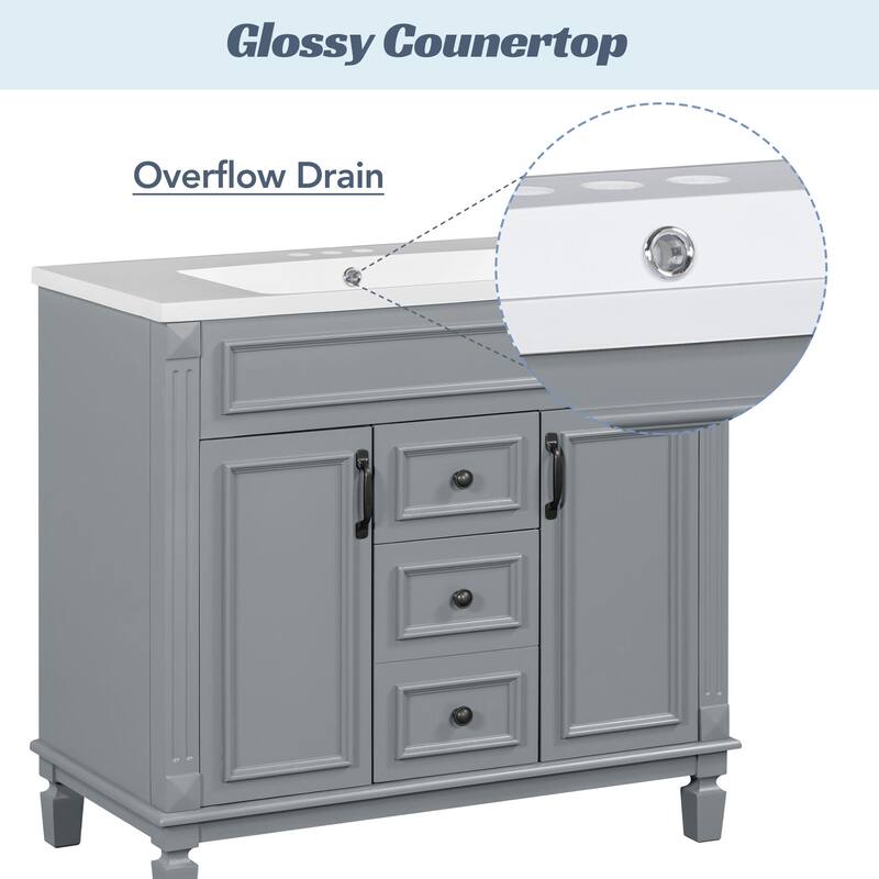 36" Modern Bathroom Vanity with Resin Sink, 2 Soft-Close Doors, 2 Drawers, & Cabinet Storage