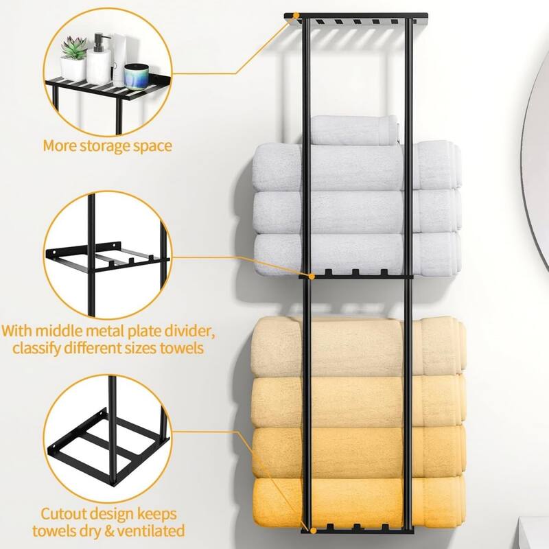 Wall-mounted towel rack with 6 hooks, 3 shelves