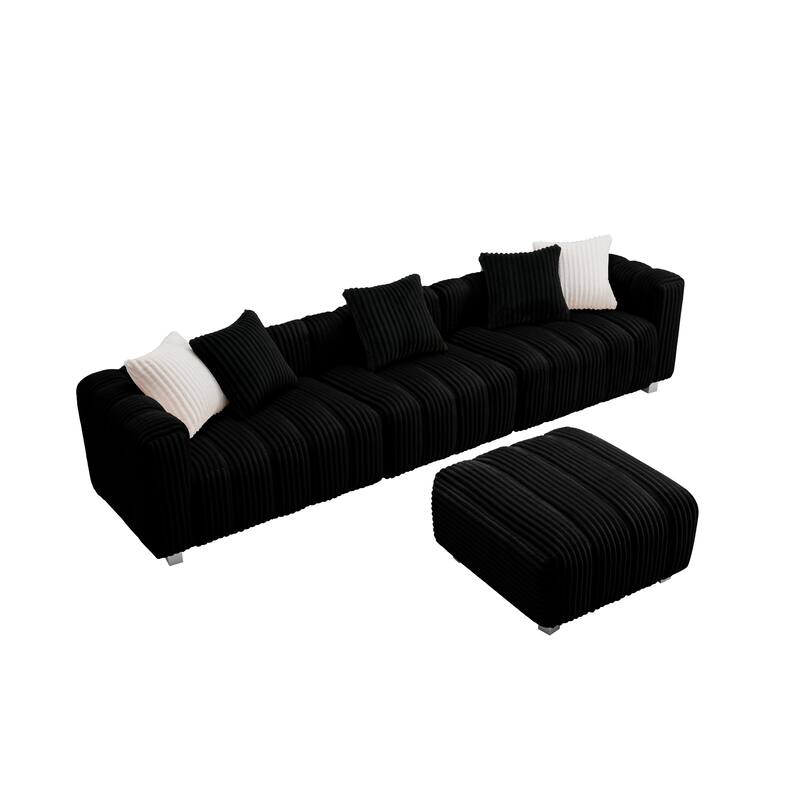114.2" Corduroy 3-Seater Sectional Sofa with Ottoman & Wood Frame - Black