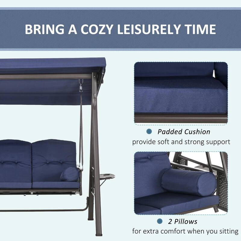 3-Seat Patio Swing Chair, Adjustable Canopy, Side Trays, Comfort Set