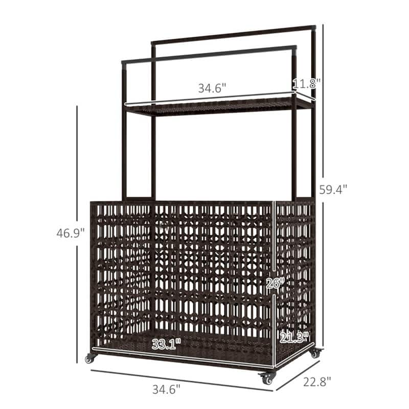 Mixed-Brown PE Rattan Pool Storage Basket with Steel Frame and Wheels - 34.6" W x 22.8" D x 59.4" H