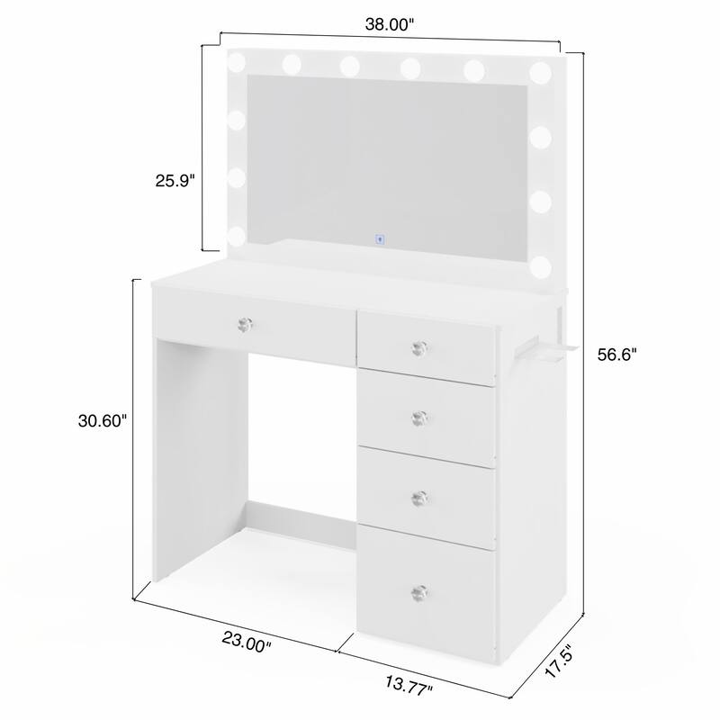 Boahaus White Makeup Vanity Desk with 13 Light Bulbs, Glass Top, USB-A & USB-C, 5 Drawers, Hair Dryer Holder, and Stool