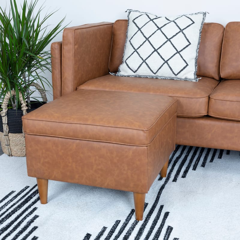 Atley Upholstered Ottoman with Storage and Solid Wood Legs - Cognac Vegan Leather
