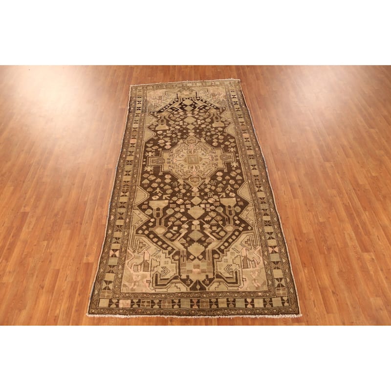 Hand Knotted Oriental 100% Wool Carpet Traditional Tribal Brown Hamedan Runner Rug - 9' 8'' X 4' 0''