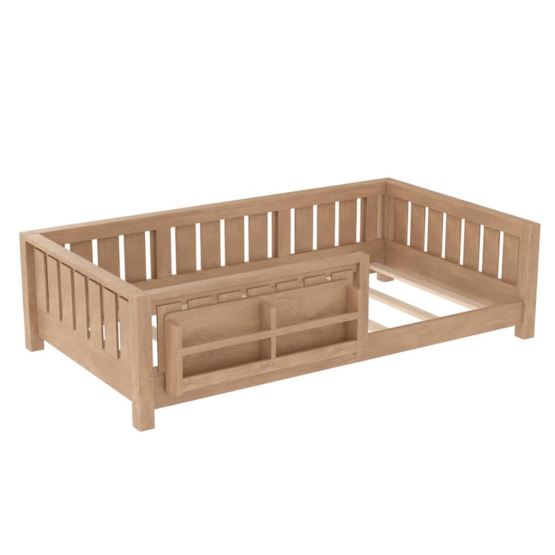 Low Profile Montessori Bed Floor Platform Bed with Fence and Bookshelf
