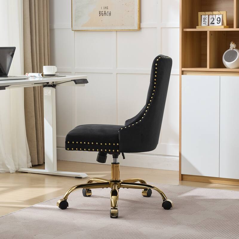 Modern Velvet Swivel Office Chair with Tufted Back/Golden Metal Base