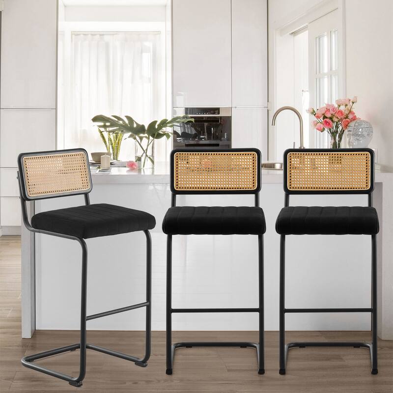 Velvet Upholstered Rattan Counter/Bar Stools, Set of 2/3