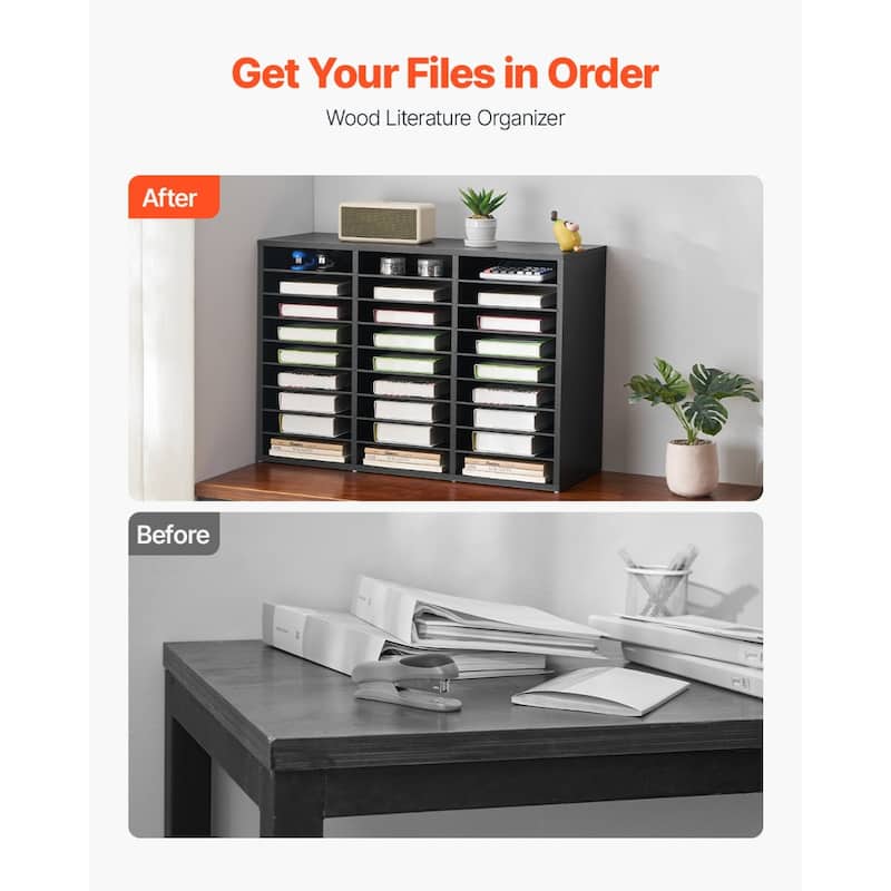 Black Wood Organizer 27-Shelf Mail Sorter with Labels and Removable Shelves