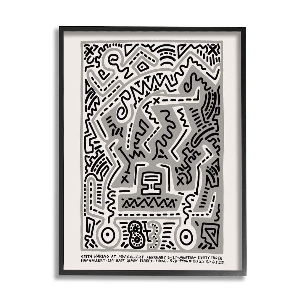 Stupell Keith Haring Monochrome Pop Style Squiggle Text Framed Wall Art - Grey