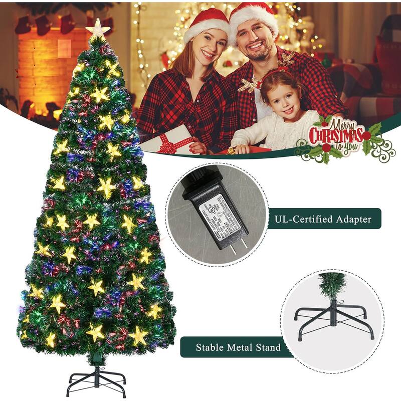 7FT Pre-lit Fiber Optic Christmas Tree with Large Stars, Artificial Xmas Tree Spruce Tree Green Tree with Metal Stand