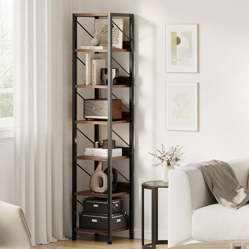 6-Tier Slim Bookshelf Tall Rustic Metal Frame Bookcase Narrow Corner Shelf