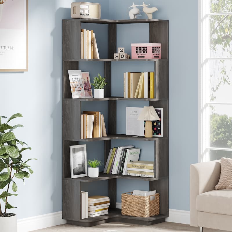 6-Tier Corner Bookshelf, 64.9 Inch Industrial Bookcase with Baffles - Ash Grey