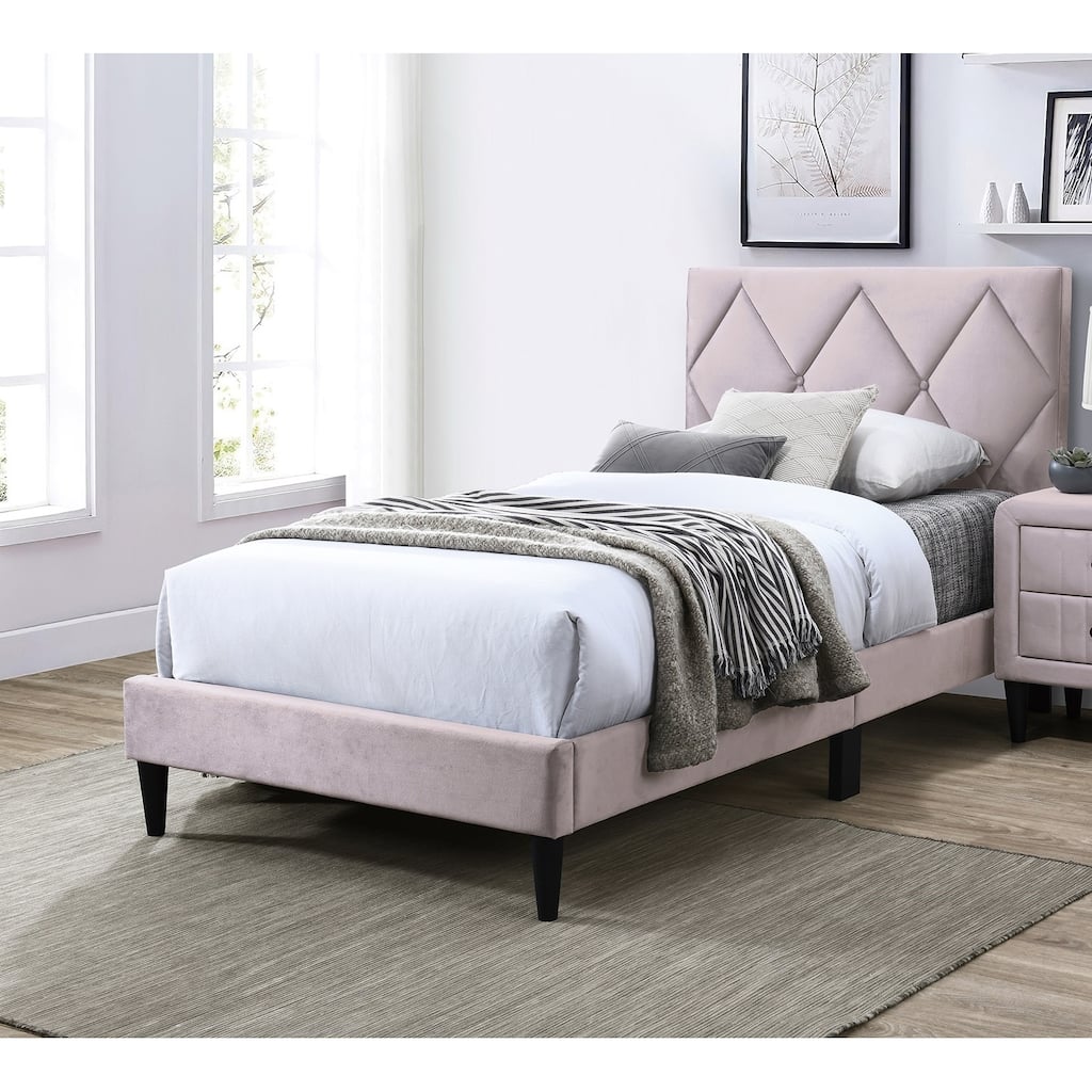 Adjustable Velvet Upholstered Twin Bed with Tufted Headboard, Light Pink Youth Bedroom Furniture