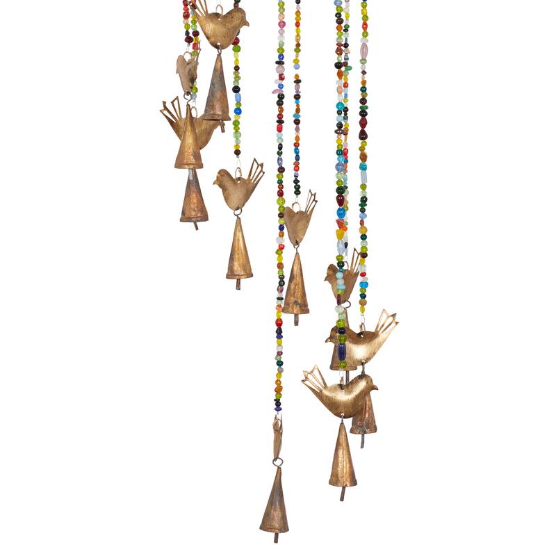 Gold Metal Indoor Outdoor Bird Windchime with Glass Beads and Cone Bells - 7 x 7 x 26