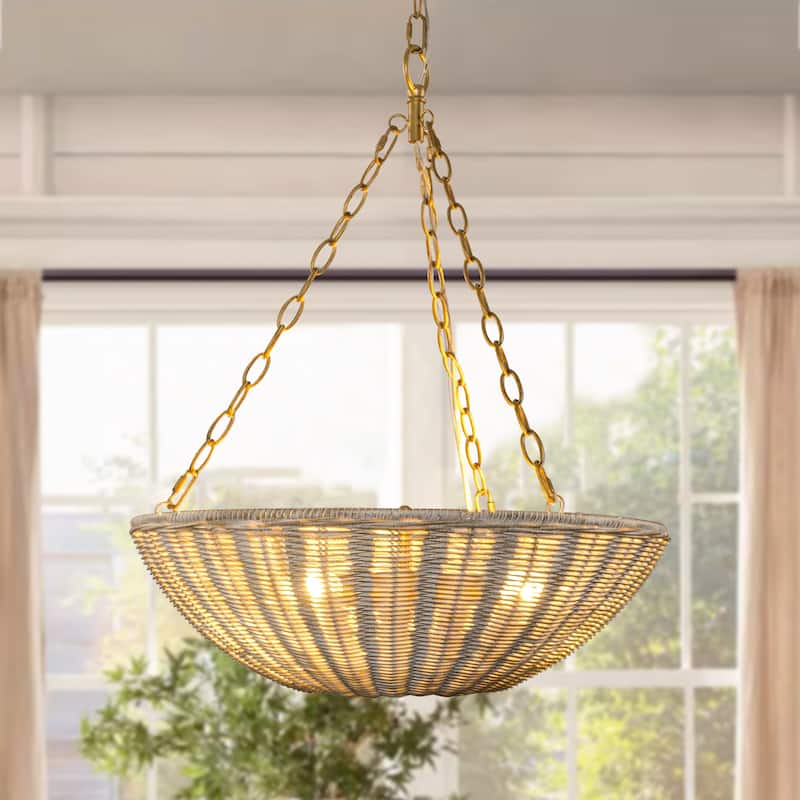 Beige Rattan 3-Light Coastal Woven Wicker Convertible Chandelier Light - 19.68" fixture width x 23.42" fixture height