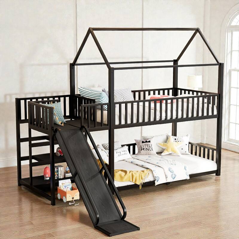 Metal House Bunk Bed with Storage Stairs and Slide, Safety Rails, Twin/Full Kids Bed Frame