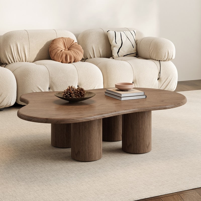 47.24" Mid Century Coffee Table, Solid Wood Texture with Could Shaped, Brown