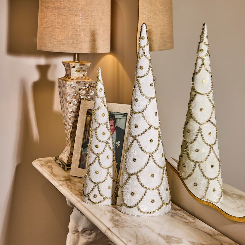 18-24" Jeweled Scalloped Velvet Cone Tree - Ivory