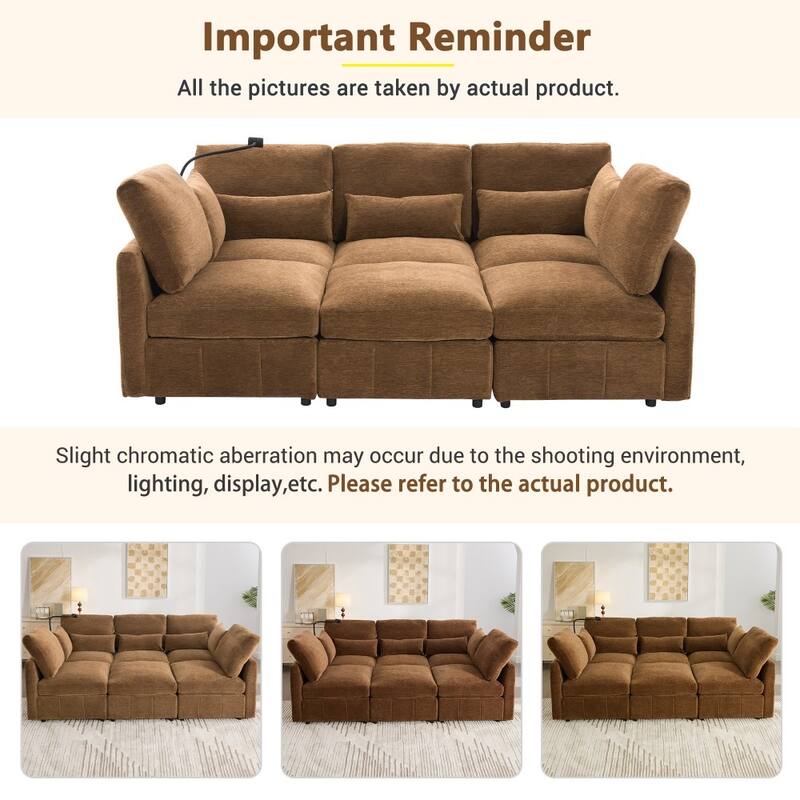 85.4" Modern U-shaped Modular Sectional Sofa with Movable Ottoman and Two USB Ports, Phone Holder
