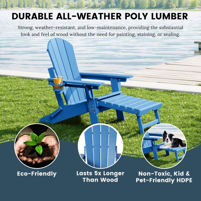 Laguna Outdoor Folding Adjustable Adirondack Chair with Cup Holder & Hideaway Ottoman (Set of 2)
