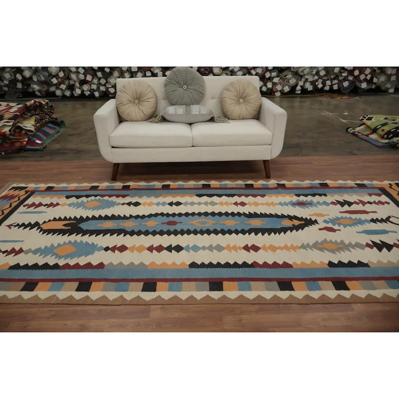 Hand Woven Oriental 100% Wool Carpet Southwestern Tribal Beige & Ivories Kilim Area Rug - 11' 10'' X 5' 2''
