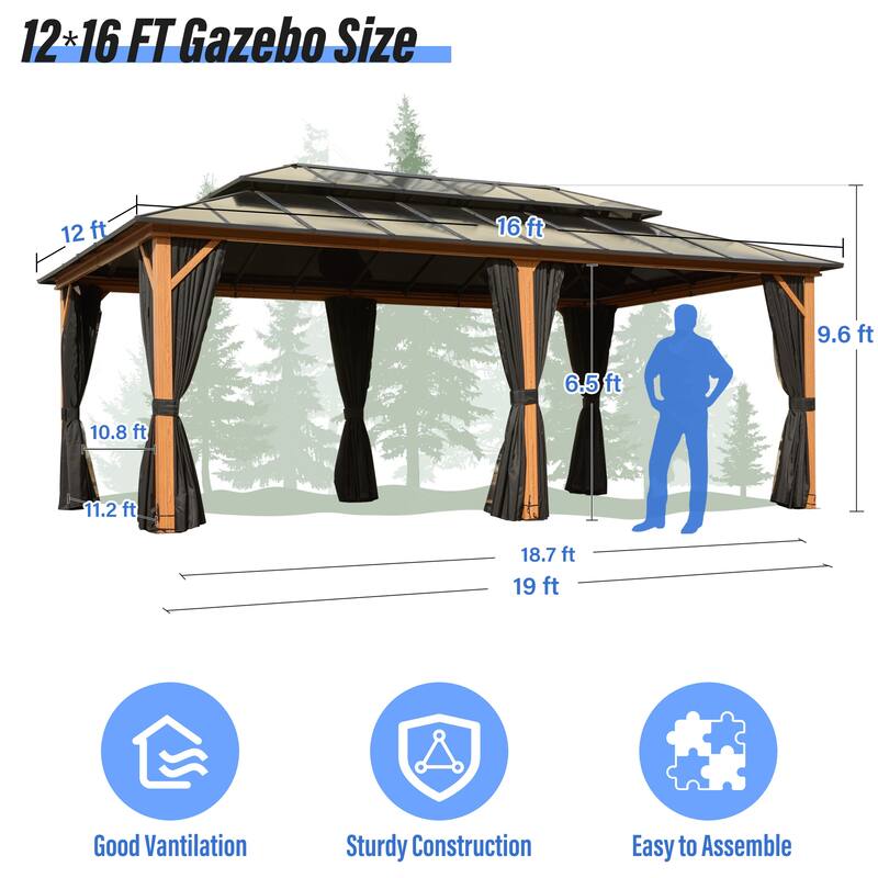 EROMMY Outdoor Wood Gazebo with Double Polycarbonate Roof, Heavy Duty Backyard Patio Pergola Canopy for Garden Shade