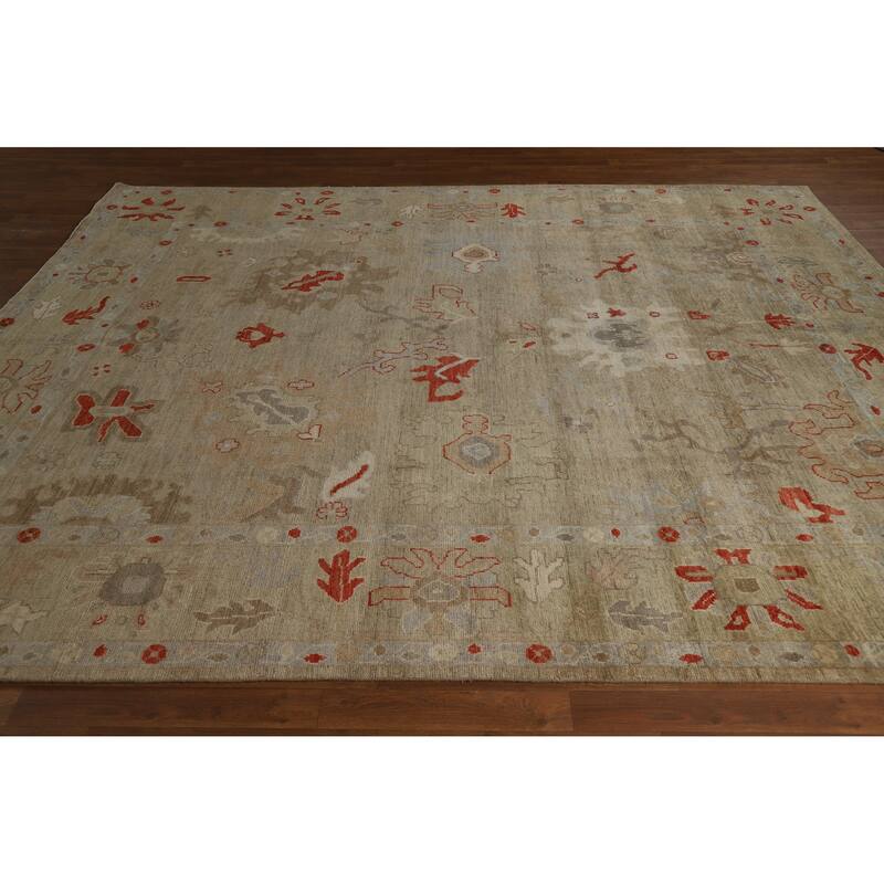 Hand Knotted Oriental 100% Wool Carpet Transitional All-Over Beige & Ivories Oushak Area Rug - 9' 9'' X 8' 4''