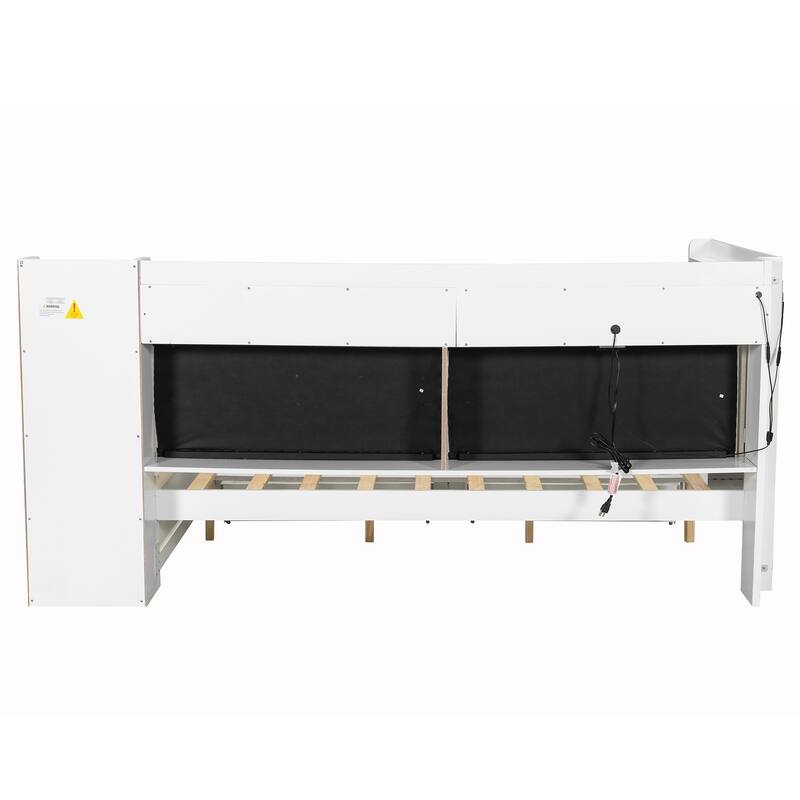 Full Daybed with Storage Shelves Built-in Charging Station LED Light, L-shape Upholstered Sofa Bed with 2 Drawers, Cabinet, Desk