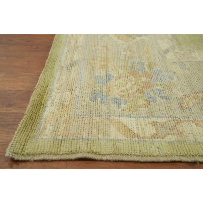 Vegetable Dye Green Oushak Turkish Area Rug, Floral Geometric Carpet - 11' 11'' X 9' 3''