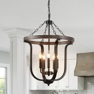 5-Light Black and Wood Grain Cage Candle Chandelier for Kitchen Island, Classic Semi Flush Mount Pendant Light - N/A