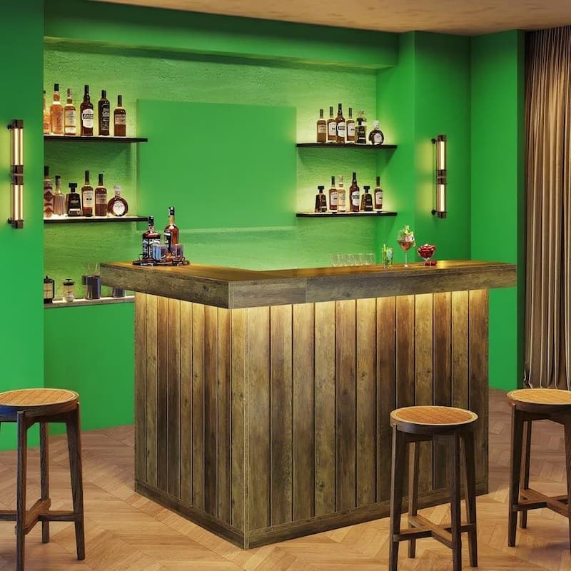 Brown MDF Corner Liquor Bar Table with 4 Shelves and Stemware Storage for Home and Pub - 51.18”L x 39.37”W x 43.31”H