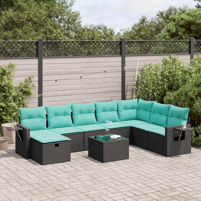 vidaXL 8 Piece Patio Sofa Set with Cushions Black Poly Rattan - 21.7 x 24.4 x 27.2 - Package of 8 - Black-with storage