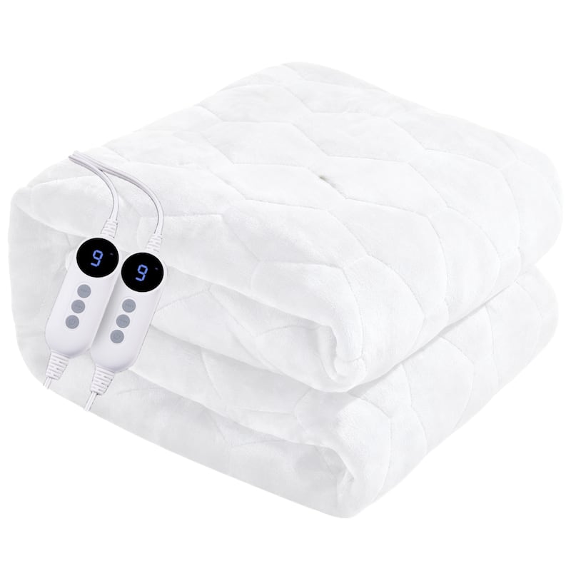 Flannel Electric Heated Mattress Pad, Dual Control and Temperature Regulating - White/Dual Control - Queen