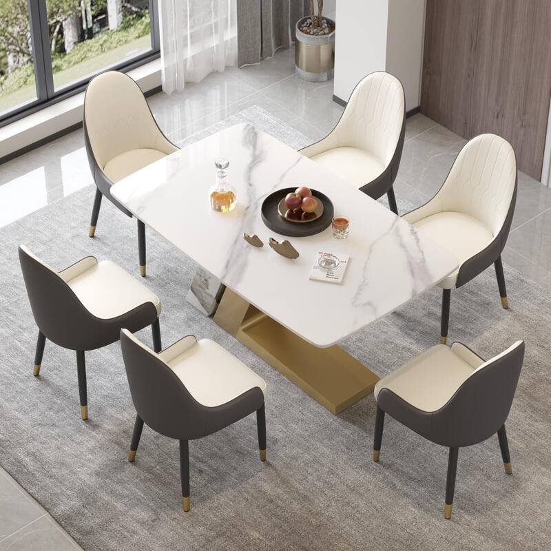 Rectangle Dining Table Faux Marble Tabletop Sintered Stone Panel with Stainless Steel Pedestal - 63" - White