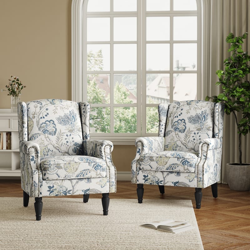 2 Set Transitional Patterned Wingback Accent Chairs with NailHead