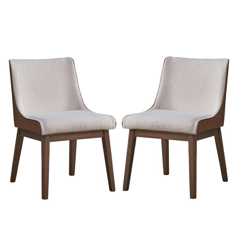 25 Inch Side Dining Chair Set of 2, Wingback, White Boucle, Walnut Brown