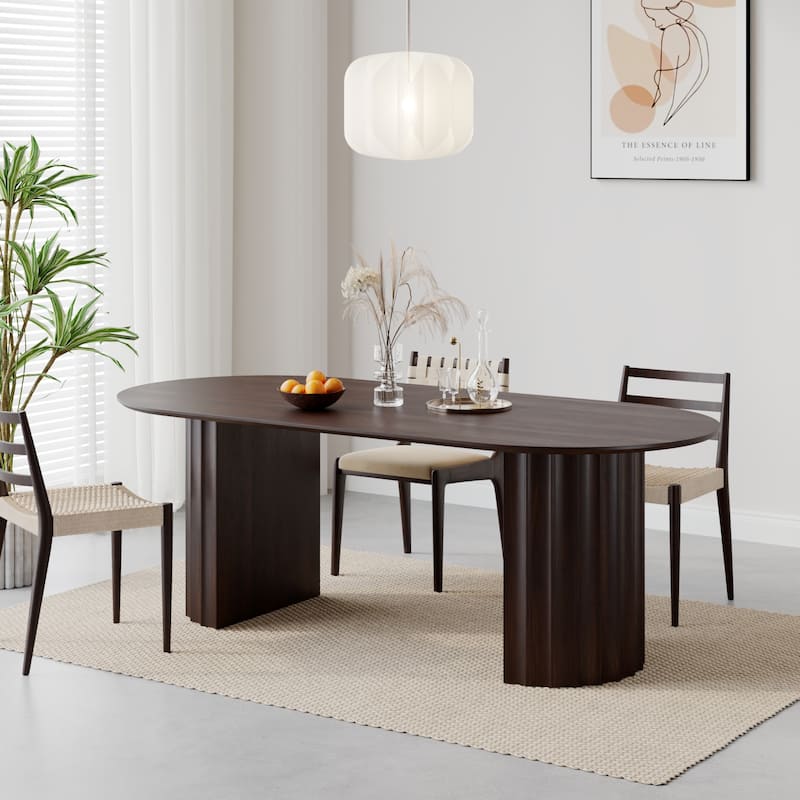 Modern Oval Wooden Dining Table - 79" Large Size, Sturdy Fluted Base, Natural Oak Finish for Dining Room