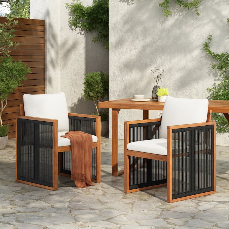 Christopher Knight Home - Valmont Modern Outdoor Acacia Wood Dining Arm Chair with Rope Back & Washable Cushion, Set of 2 - Cream,Teak+ Black