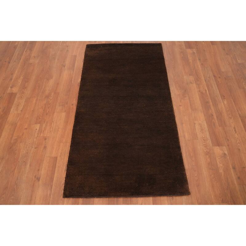Hand Knotted Oriental 100% Wool Carpet Modern Solid Brown Gabbeh Runner Rug - 4' 7'' X 2' 4''