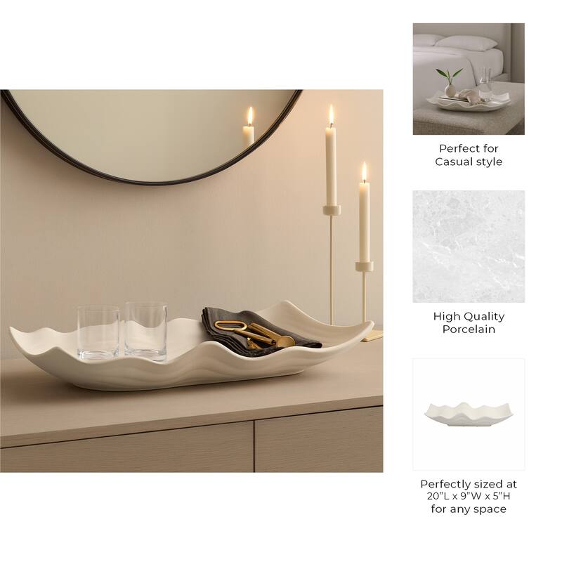 Wavy Porcelain Oversized Decorative Tray - Ivory, 20" - 20.0"
