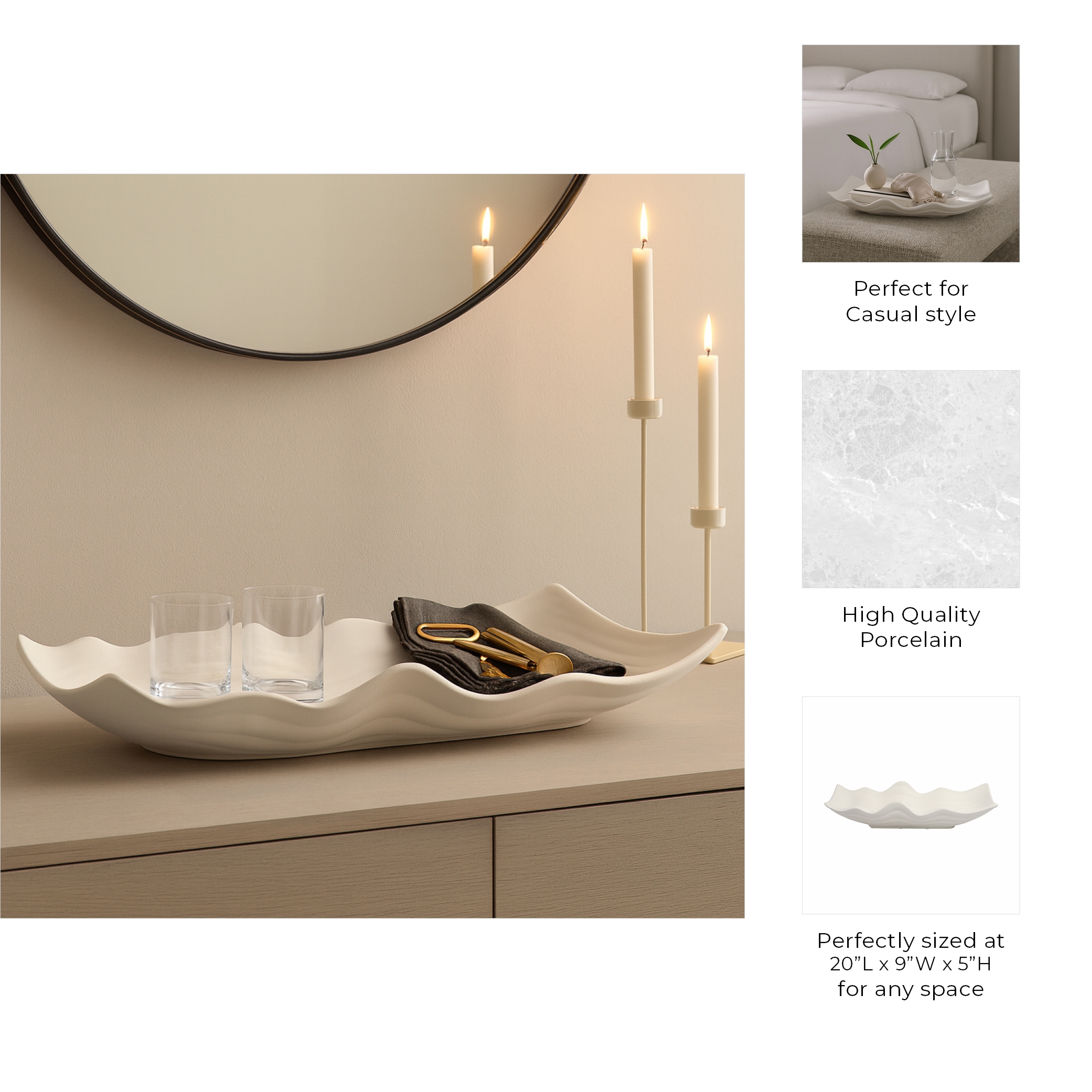 Wavy Porcelain Oversized Decorative Tray - Ivory, 20